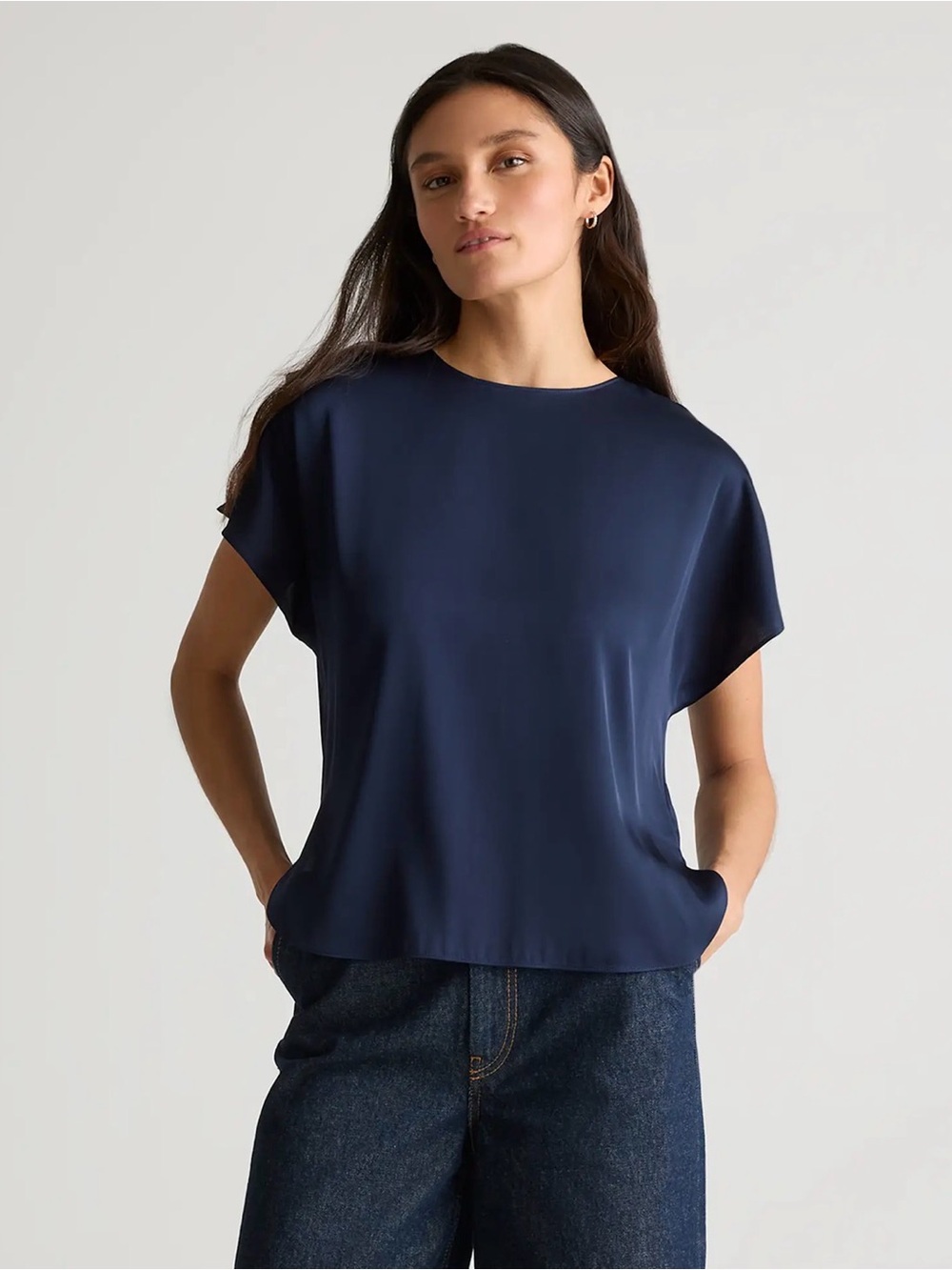 Quince Washable Stretch Silk Split Hem Tee Navy MEDIUM